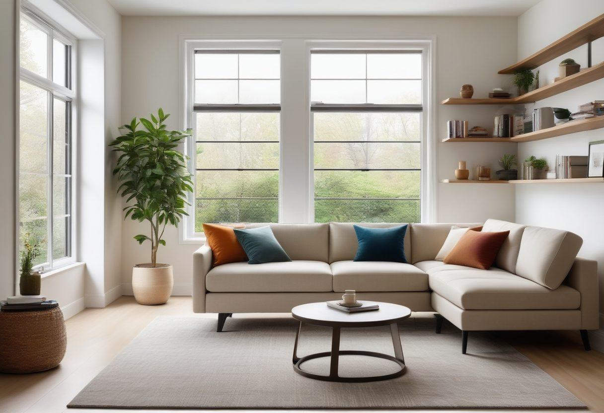 A cozy, modern living room with multi-functional furniture, including a stylish sofa bed, a coffee table with hidden storage, and elegant minimalist shelves filled with timeless decor pieces. Neutral color palette with pops of vibrant greenery. natural light streaming through large windows. super-realistic. vibrant colors. white background.