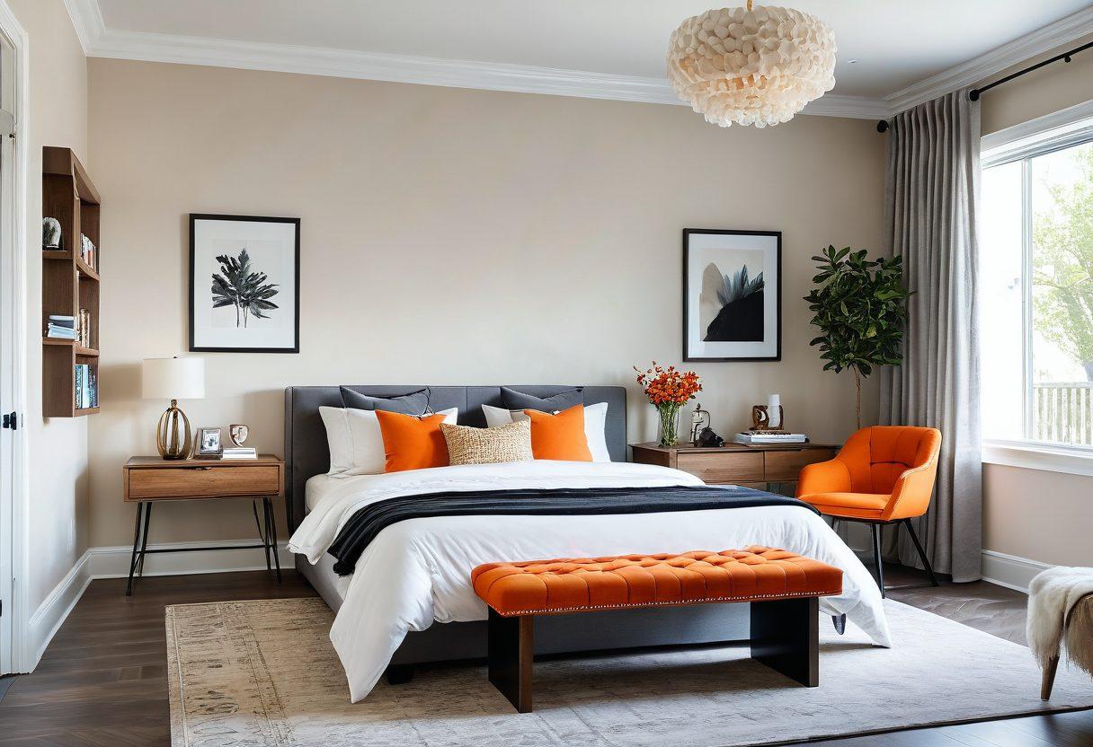 A beautifully styled living room with a cozy reading nook adorned with plush cushions and a soft throw blanket; a tastefully decorated dining area with minimalistic elegance and a stylish centerpiece; a chic bedroom with a well-organized wardrobe and luxurious bedding. Vibrant natural lighting cascades through large windows, casting a warm and inviting ambiance throughout. super-realistic, vibrant colors, white background.