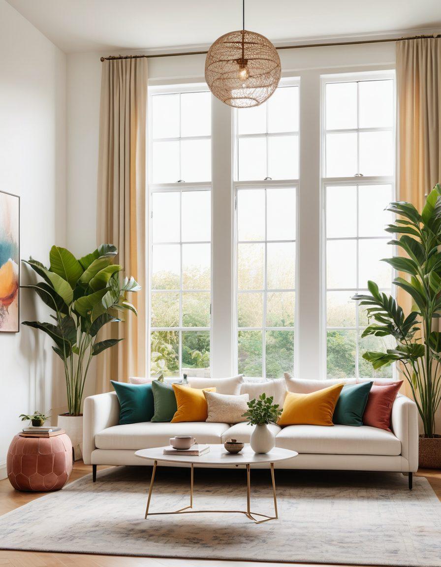 A beautifully styled living room featuring modern furniture and tasteful decor, including a cozy sofa, stylish coffee table, chic floor lamp, and elegant wall art. Sunlight pours through large windows, highlighting the harmonious blend of colors and textures. Vibrant plants add a touch of nature, creating a warm and inviting atmosphere. super-realistic. vibrant colors. white background.